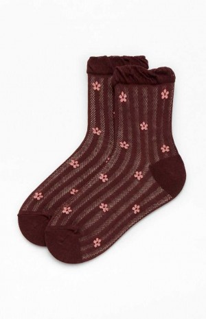 Chaussette PacSun Waffle Knit Daisy Ruffle Femme Bordeaux | 452387SDI