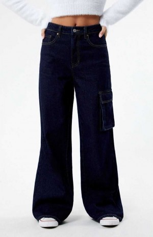 Pantalons PacSun Eco Dark Indigo High Waisted Larges Leg Cargo Femme Indigo Foncé | 235148AFL