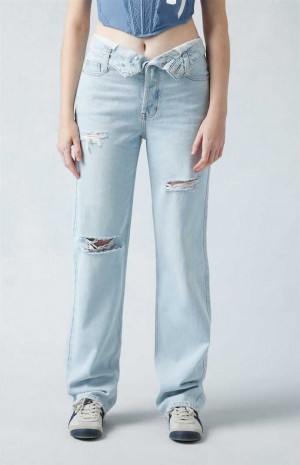 Pantalons PacSun Eco Light Indigo Fold-Over Ripped '90s Boyfriend Femme Indigo | 801234EVF