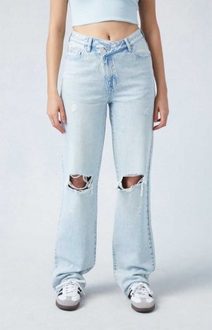 Pantalons PacSun Eco Light Indigo Ripped Asymmetrical Waistband '90s Boyfriend Femme Indigo | 056127PKV