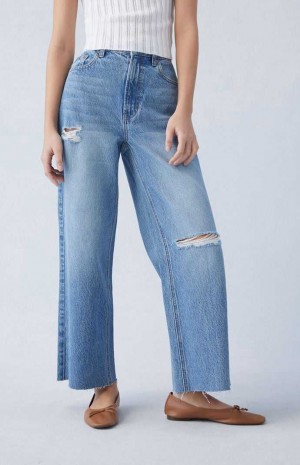 Pantalons PacSun Eco Medium Indigo Ripped Cropped Larges Leg Femme Indigo | 628097WVB