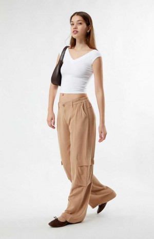 Pantalons PacSun Linen Cargo Femme Marron | 469871MUD