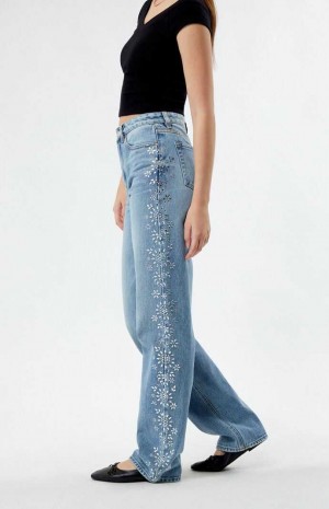 Pantalons PacSun Medium Indigo Floral Rhinestone '90s Boyfriend Femme Indigo | 210358DAW