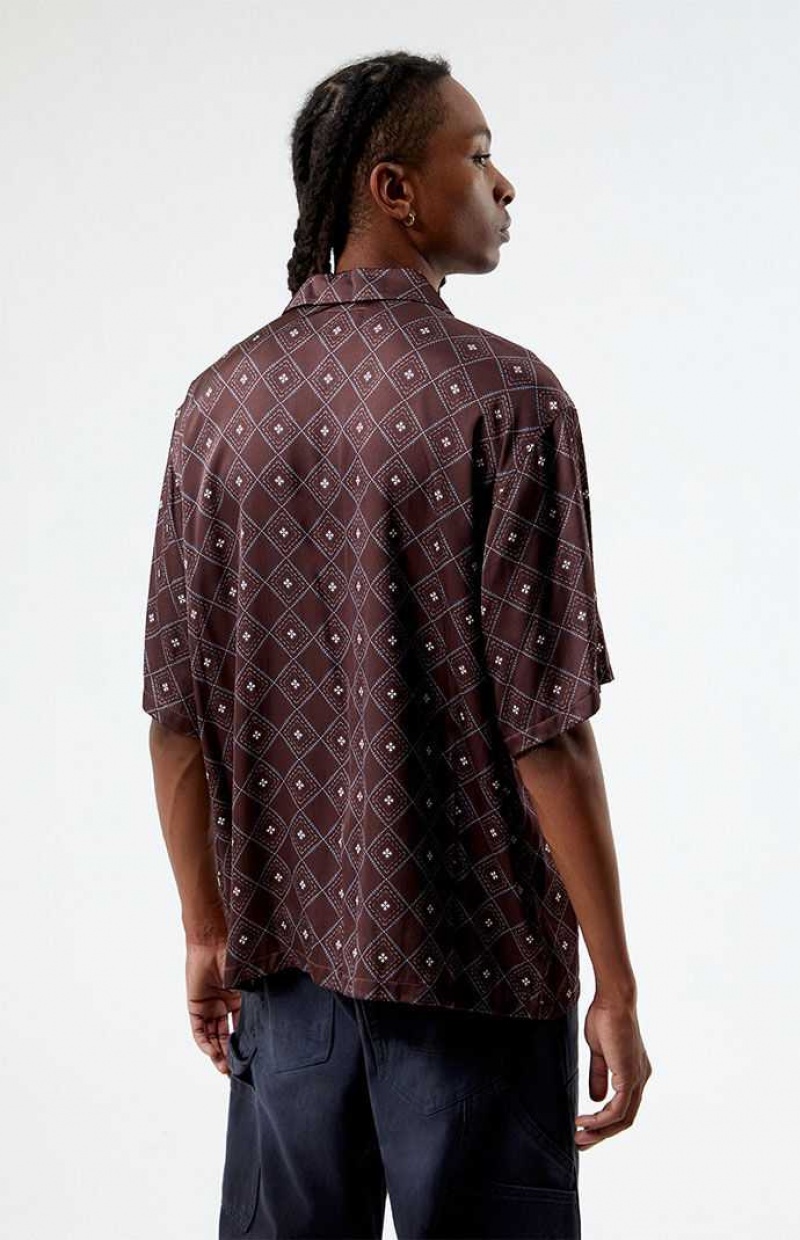 Chemises PacSun Brown Satin Oversized Camp Homme Marron | 891476LBG