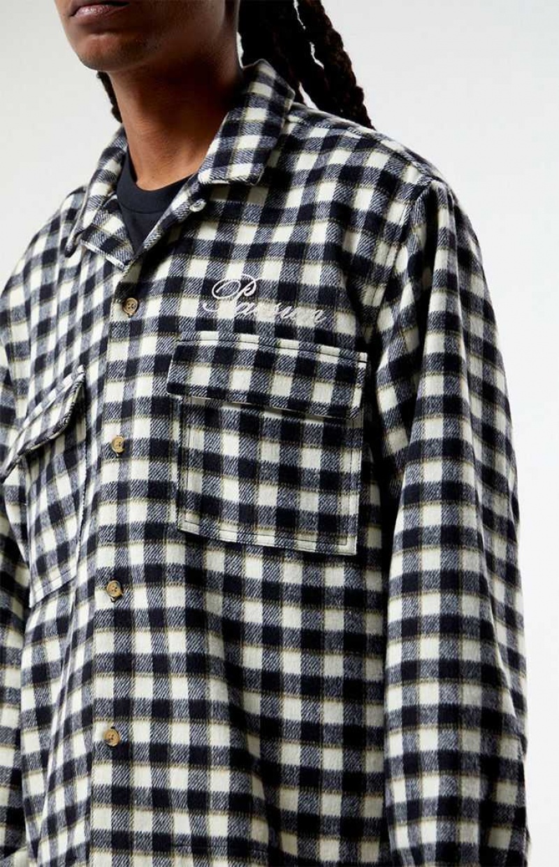 Chemises PacSun Cropped Embroidered Camp Flannel Homme Noir Blanche | 609245UVB