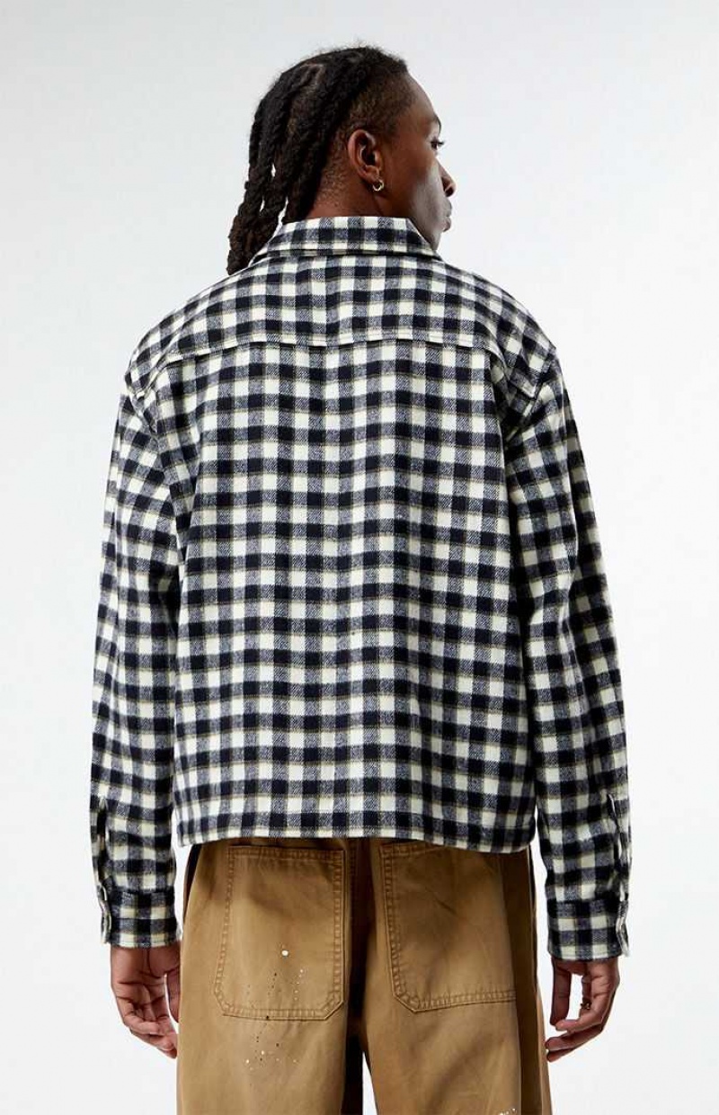 Chemises PacSun Cropped Embroidered Camp Flannel Homme Noir Blanche | 609245UVB