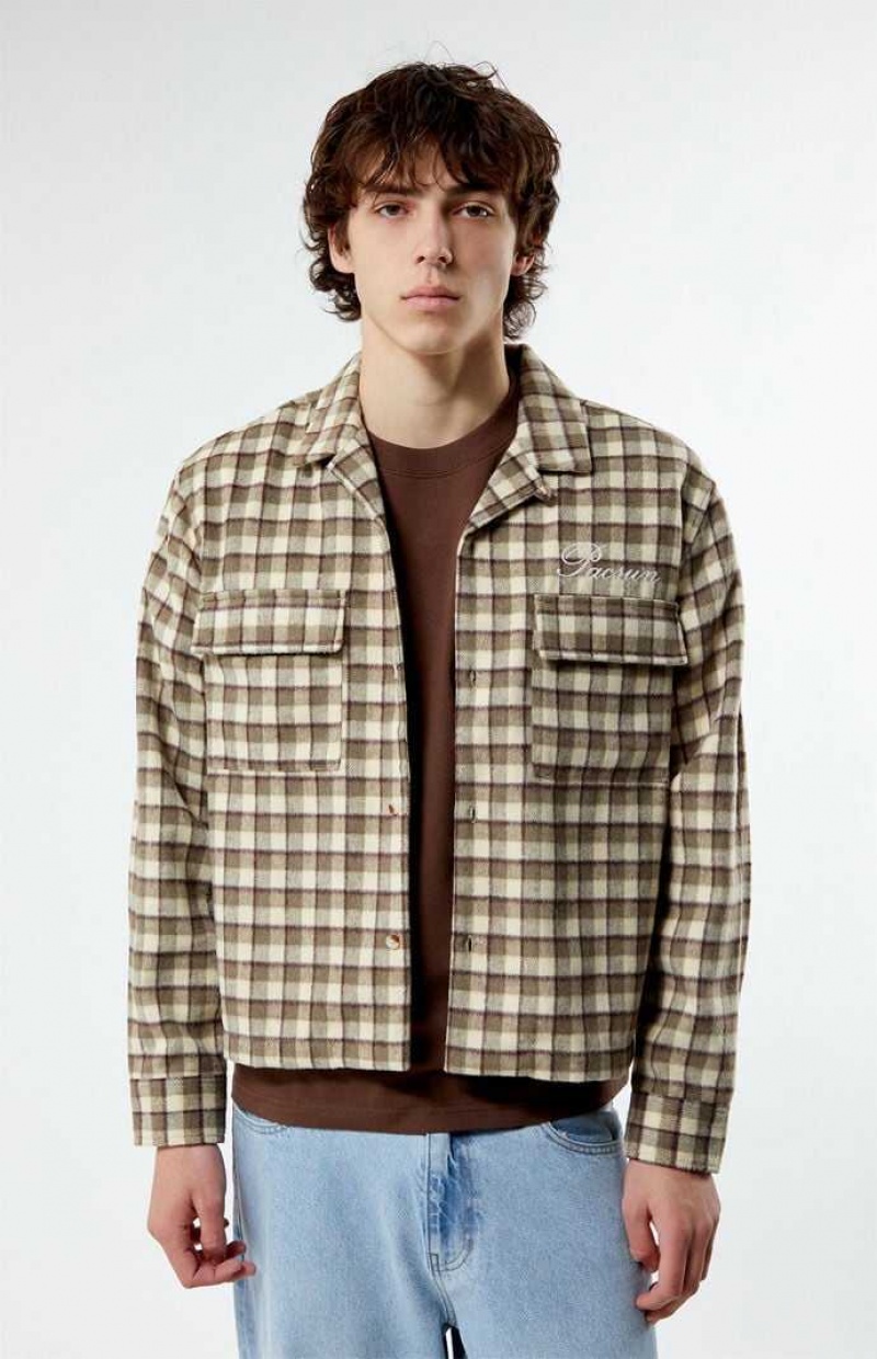 Chemises PacSun Cropped Plaid Flannel Shacket Homme Marron | 806319UHC