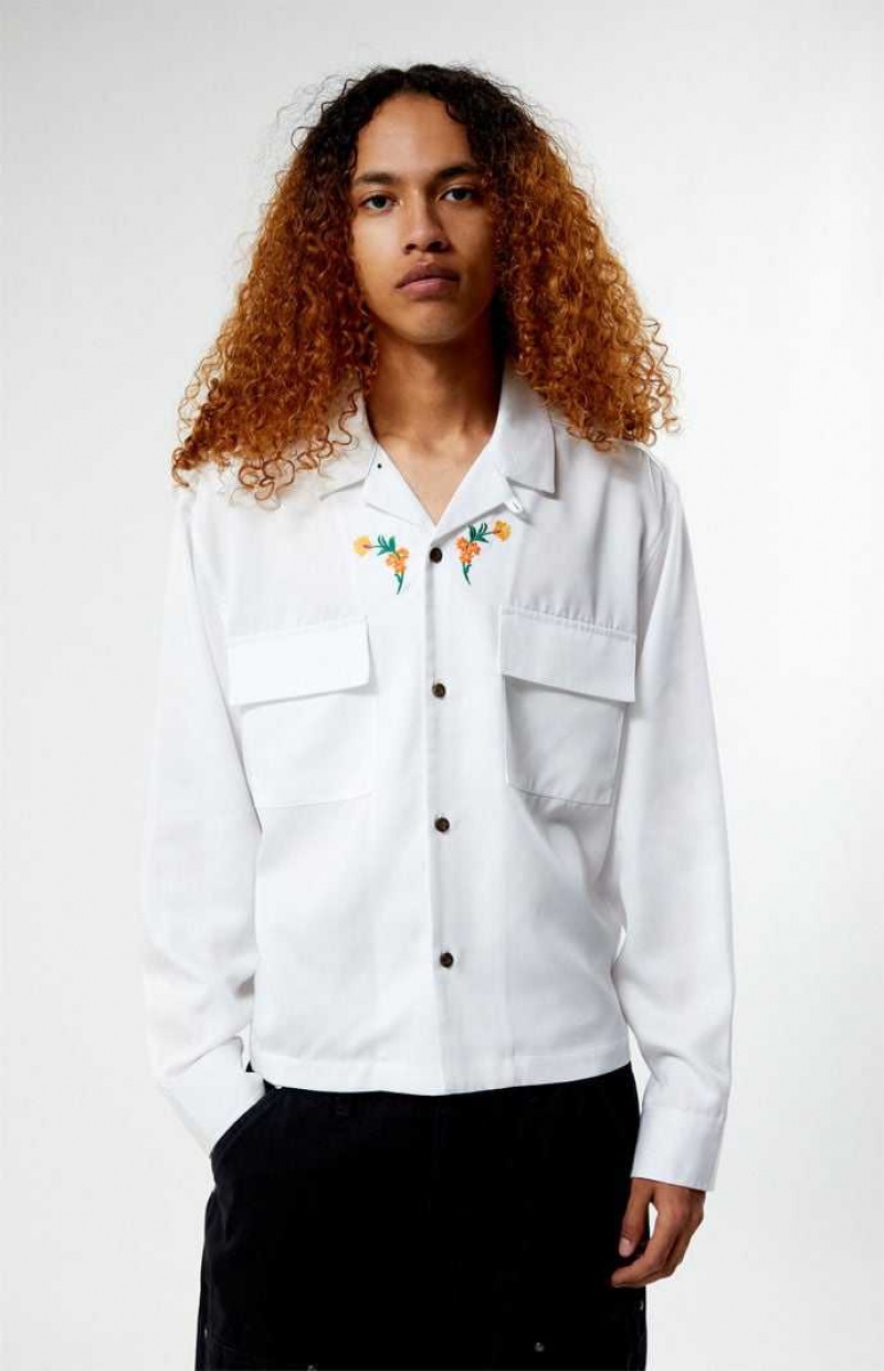 Chemises PacSun Global Auto Embroidered Long Sleeve Camp Homme Blanche | 237516JKU