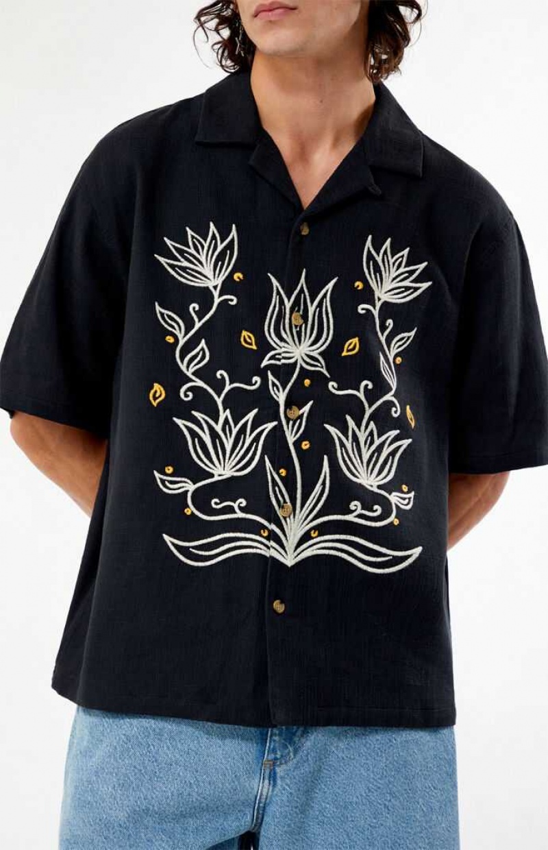 Chemises PacSun Provincial Oversized Embroidered Camp Homme Noir | 635891JVK