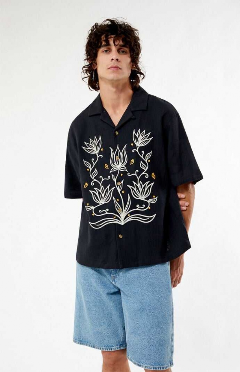 Chemises PacSun Provincial Oversized Embroidered Camp Homme Noir | 635891JVK