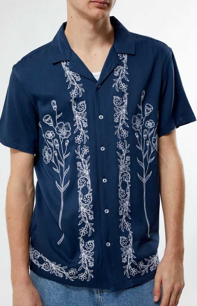 Chemises PacSun Stitch Pattern Woven Camp Homme Bleu | 572061DGZ