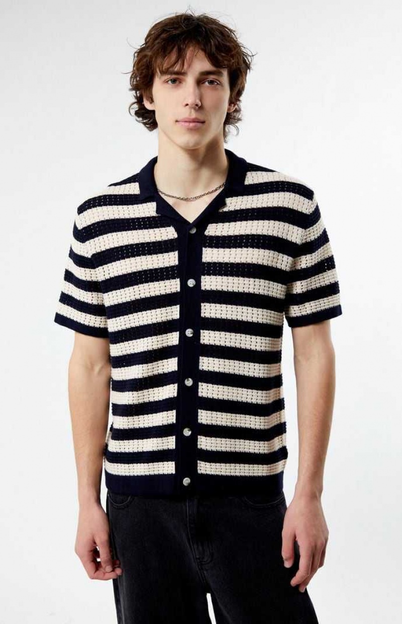 Chemises PacSun Stripe Open Knit Button Down Homme Blanche | 804365PKO