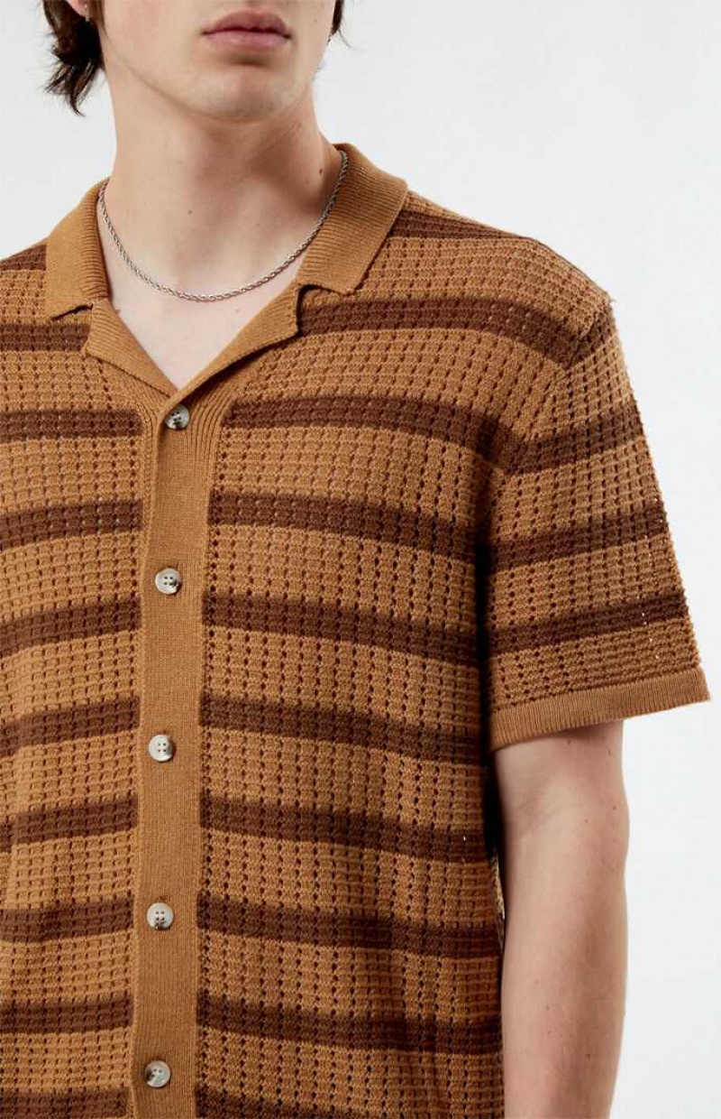 Chemises PacSun Stripe Open Knit Camp Homme Marron Marron | 580736LFX