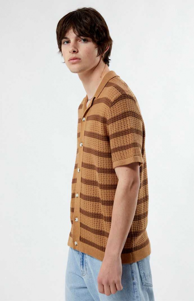 Chemises PacSun Stripe Open Knit Camp Homme Marron Marron | 580736LFX