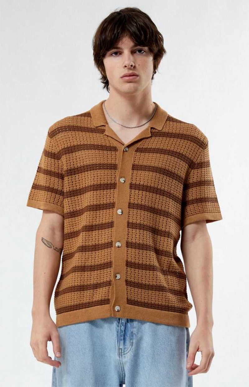 Chemises PacSun Stripe Open Knit Camp Homme Marron Marron | 580736LFX