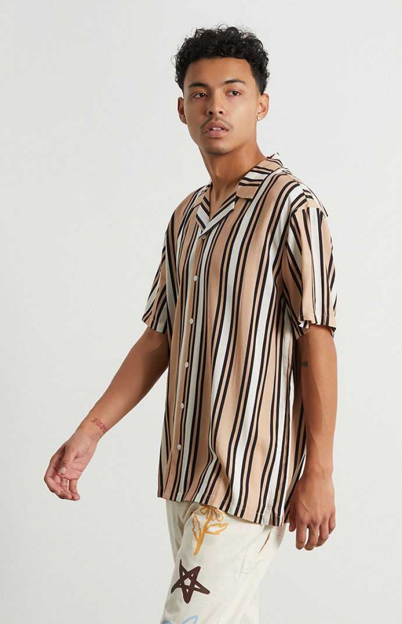 Chemises PacSun Tan Stripe Woven Camp Homme Marron | 307624EVH