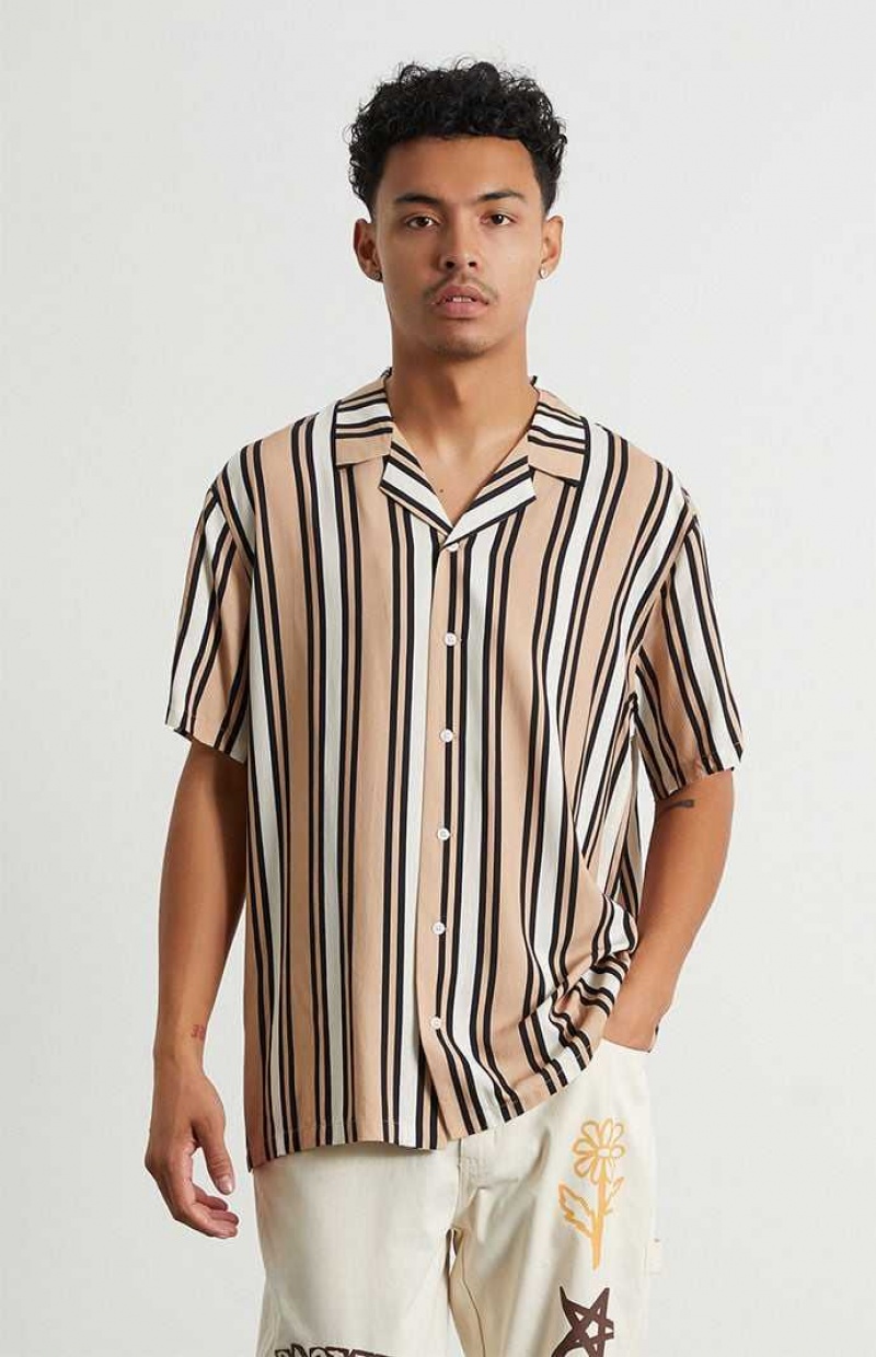 Chemises PacSun Tan Stripe Woven Camp Homme Marron | 307624EVH