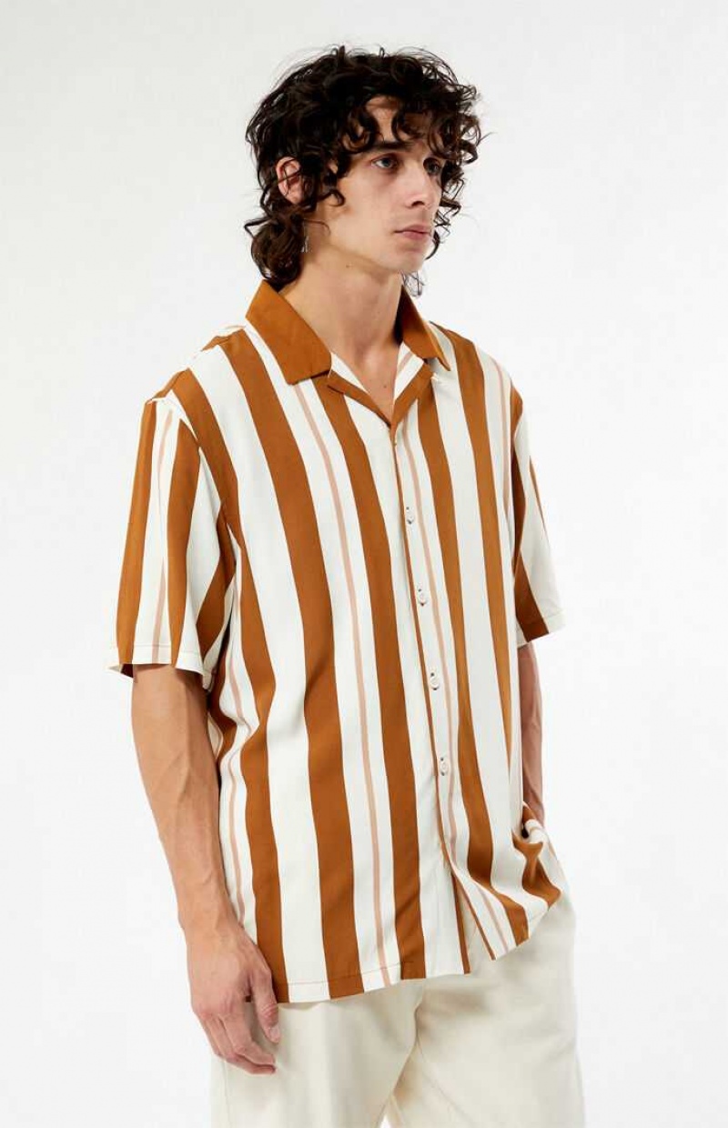 Chemises PacSun Taupe Stripe Camp Homme Blanche Marron | 946582YIH