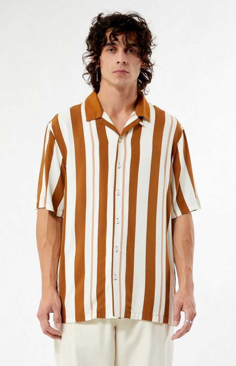 Chemises PacSun Taupe Stripe Camp Homme Blanche Marron | 946582YIH