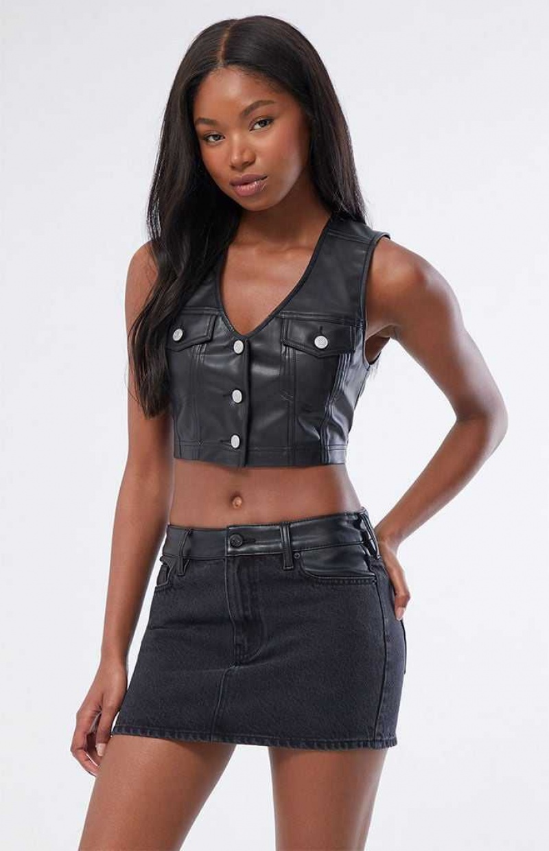 Gilet PacSun Black Ultra Cropped Faux Cuir Femme Noir | 378960KOH