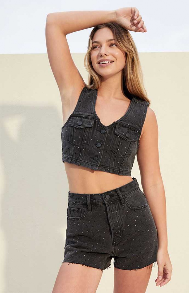 Gilet PacSun Studded Ultra Cropped Denim Femme Noir | 095618PUZ