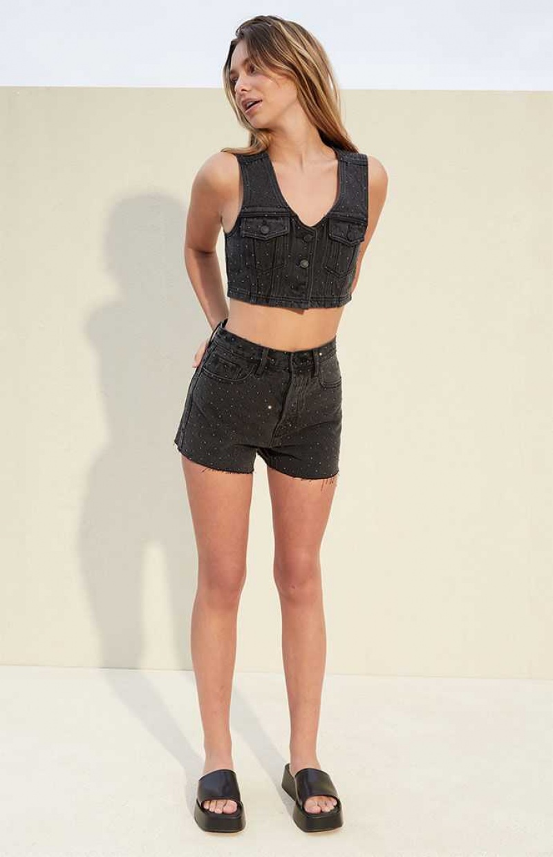 Gilet PacSun Studded Ultra Cropped Denim Femme Noir | 095618PUZ