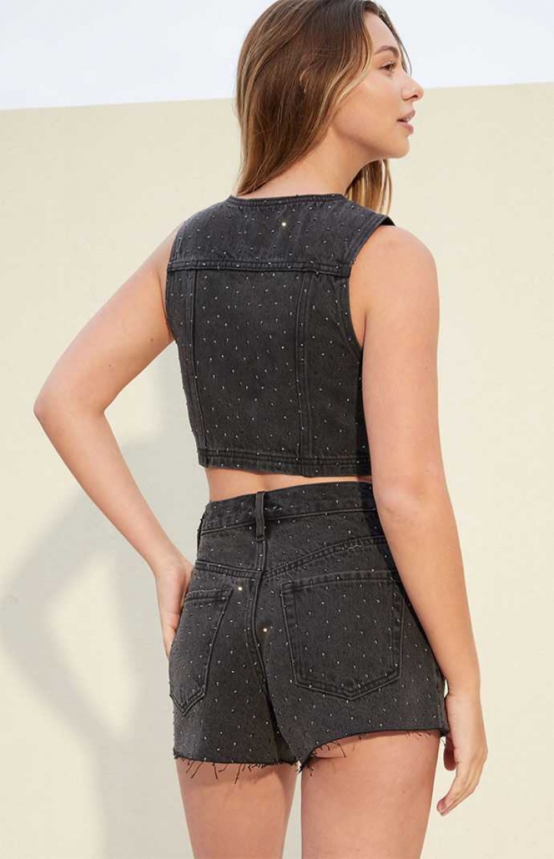 Gilet PacSun Studded Ultra Cropped Denim Femme Noir | 095618PUZ