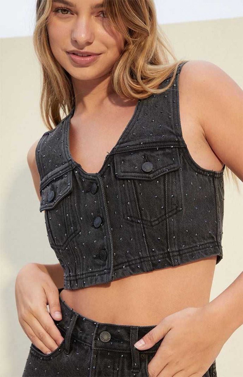 Gilet PacSun Studded Ultra Cropped Denim Femme Noir | 095618PUZ