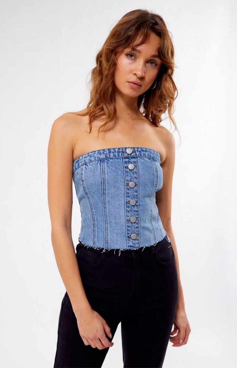 Hauts PacSun Clemmie Denim Tube Femme Indigo | 270931FZY