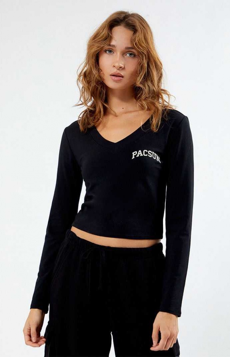 Hauts PacSun Long Sleeve V-Neck Femme Noir | 618932BSF