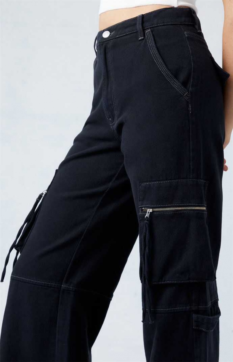 Pantalons PacSun Black High Waisted Larges Leg Cargo Femme Noir | 156029JNC