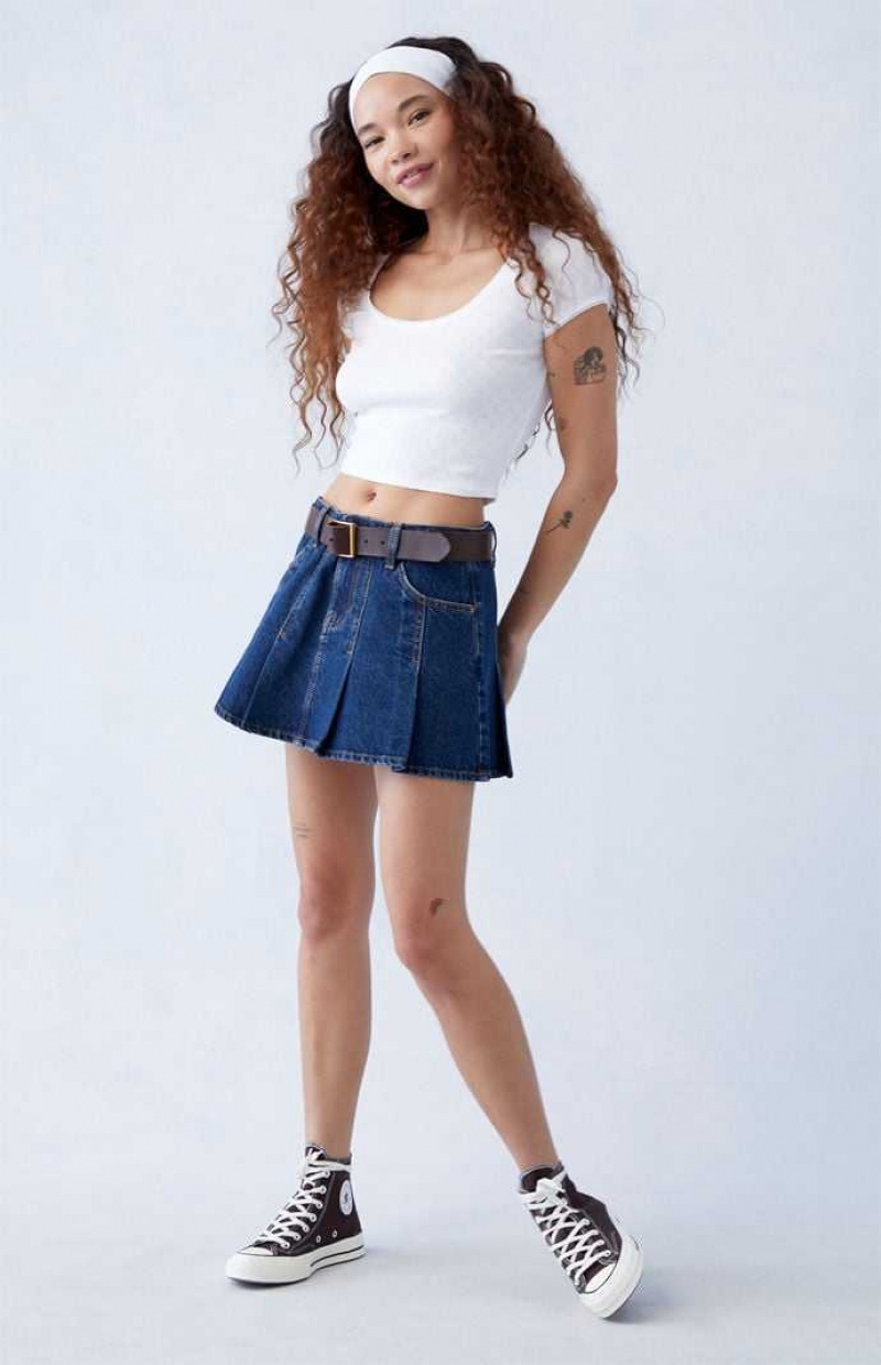 Pantalons PacSun Dark Indigo Plissé Mid Rise Denim Mini Skirt Femme Indigo | 650371CGF