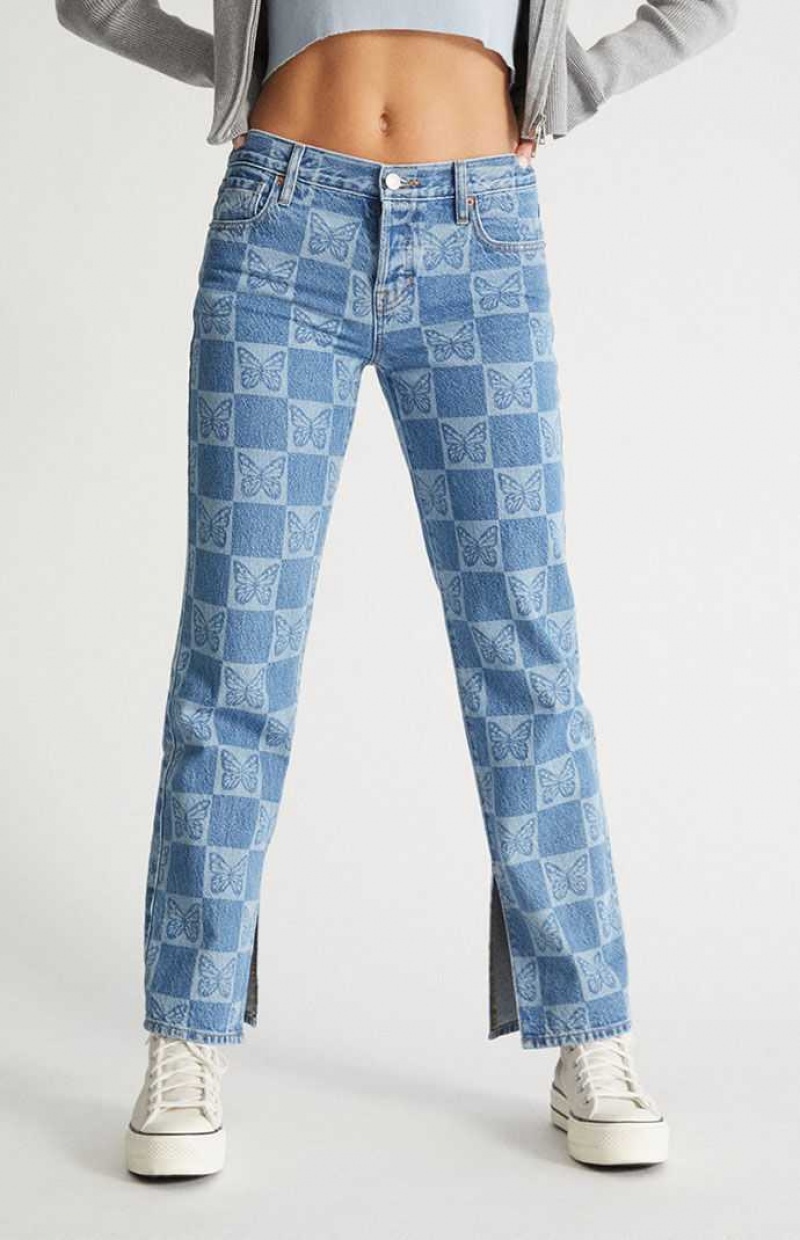 Pantalons PacSun Eco Butterfly Checkerboard Low Rise Droit Leg Femme Indigo | 382760CTE