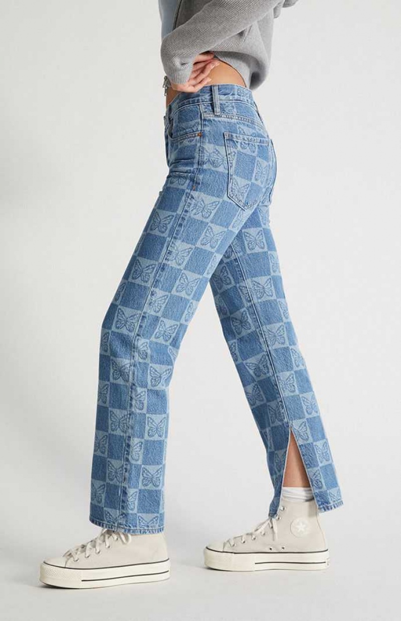 Pantalons PacSun Eco Butterfly Checkerboard Low Rise Droit Leg Femme Indigo | 382760CTE