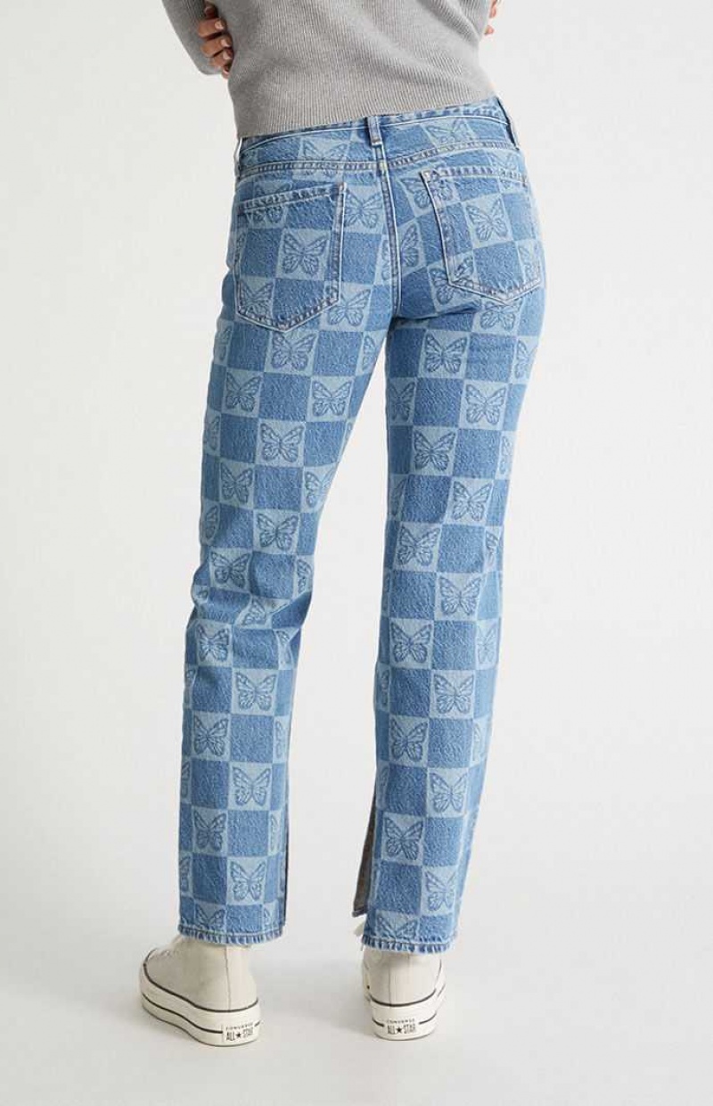 Pantalons PacSun Eco Butterfly Checkerboard Low Rise Droit Leg Femme Indigo | 382760CTE