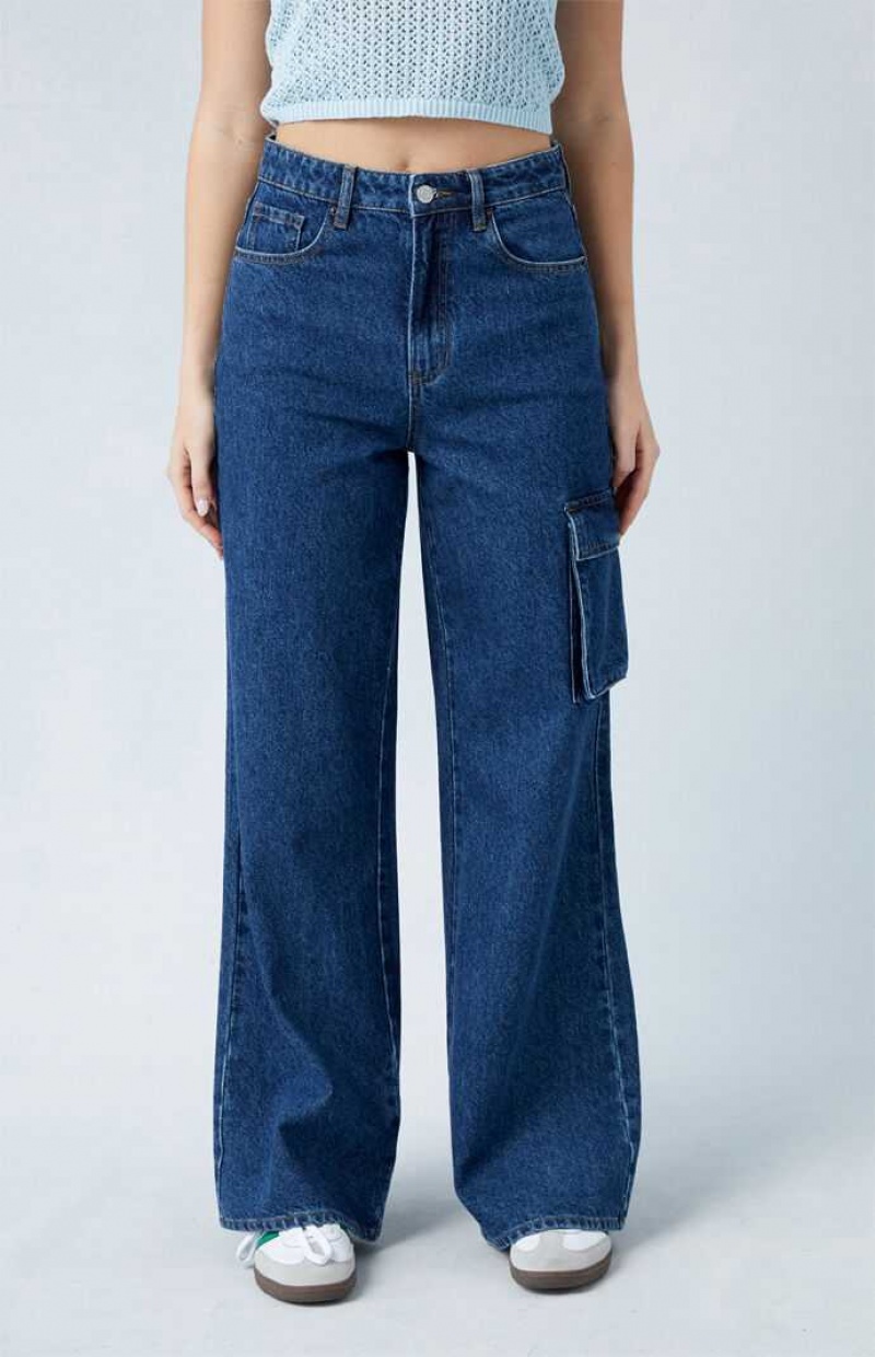 Pantalons PacSun Eco Dark Indigo High Waisted Larges Leg Cargo Femme Indigo Foncé | 957064CEN