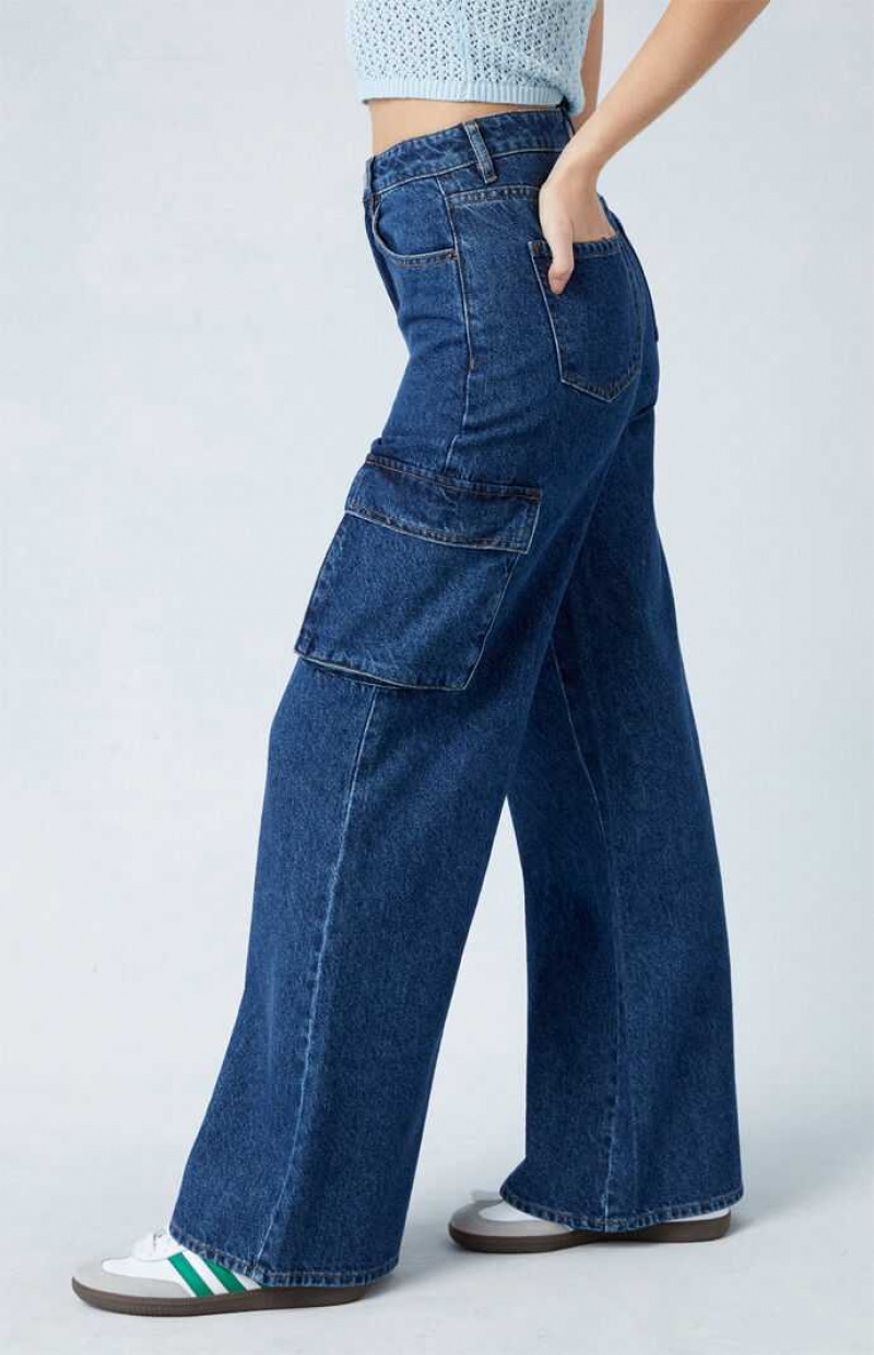 Pantalons PacSun Eco Dark Indigo High Waisted Larges Leg Cargo Femme Indigo Foncé | 957064CEN