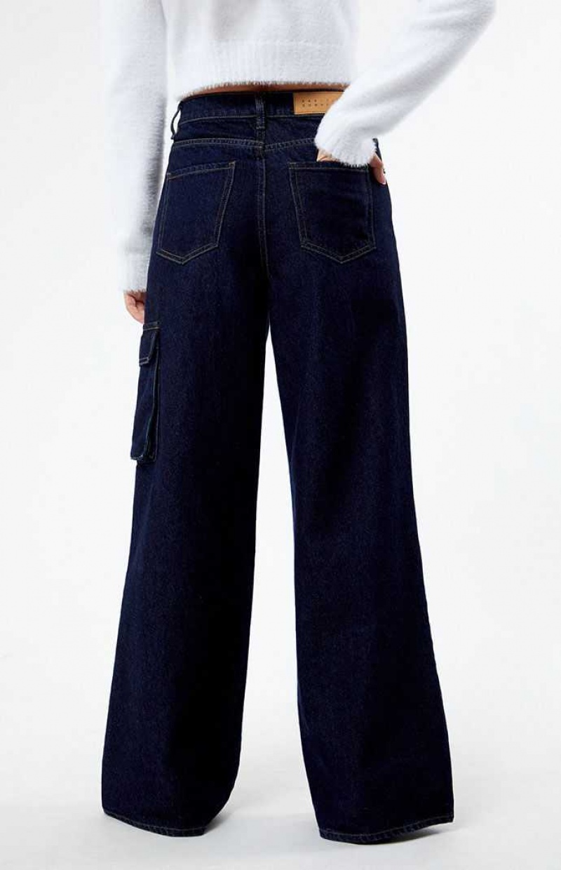 Pantalons PacSun Eco Dark Indigo High Waisted Larges Leg Cargo Femme Indigo Foncé | 235148AFL