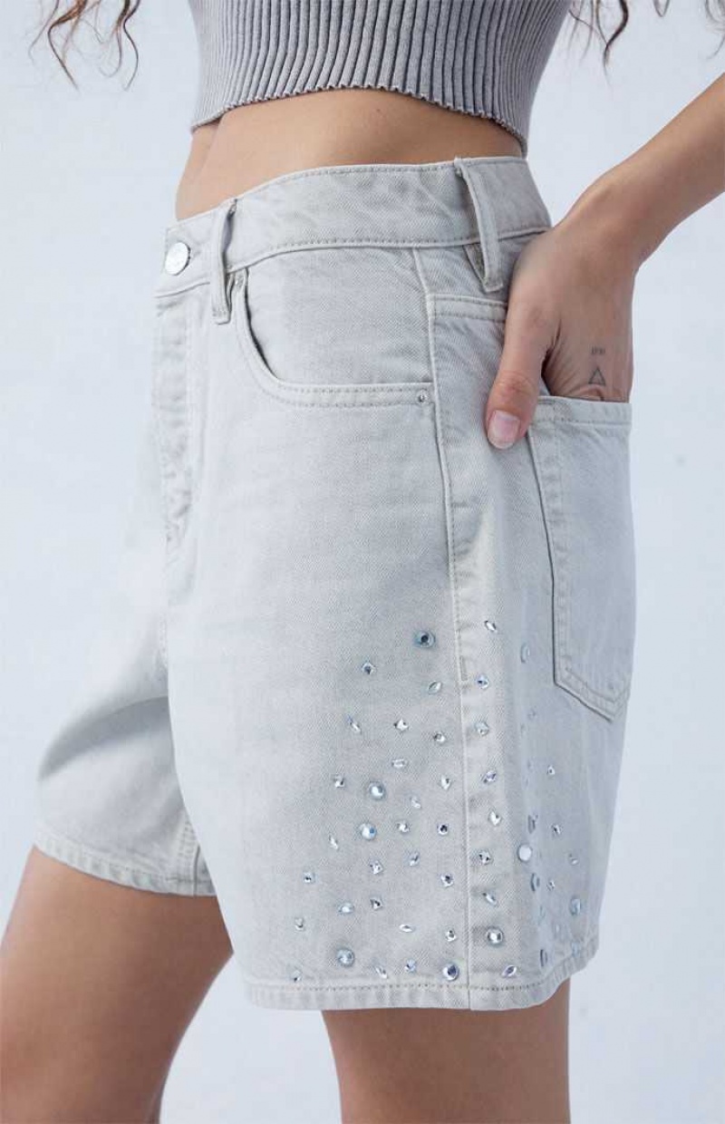 Pantalons PacSun Eco Gray Rhinestone High Waisted Relaxed Jorts Femme Blanche | 175863JUY