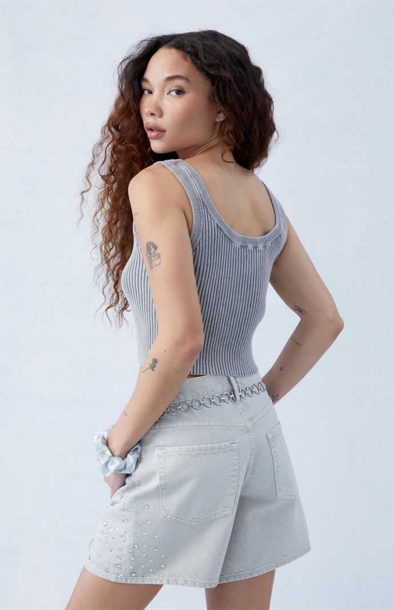 Pantalons PacSun Eco Gray Rhinestone High Waisted Relaxed Jorts Femme Blanche | 175863JUY