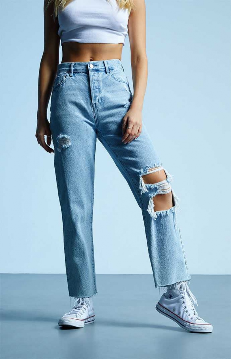 Pantalons PacSun Eco Light Blue Ripped High Waisted Droit Leg Femme Indigo | 016579IAR