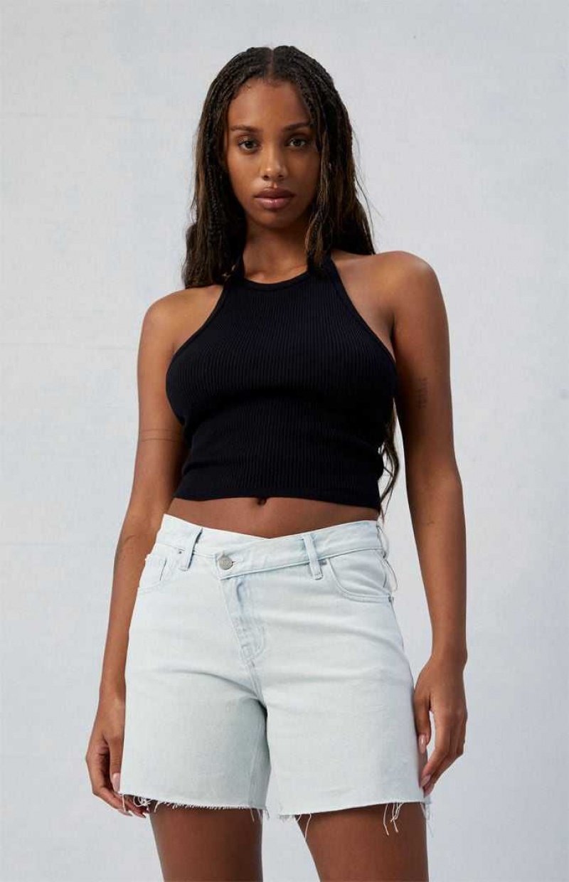 Pantalons PacSun Eco Light Indigo Asymmetrical High Waisted Relaxed Jorts Femme Indigo | 372194NAD