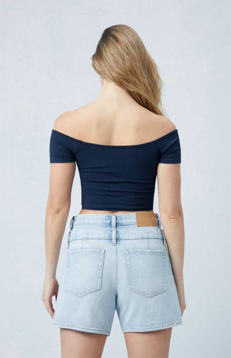 Pantalons PacSun Eco Light Indigo Double Waistband High Waisted Relaxed Jorts Femme Indigo | 697235PHX