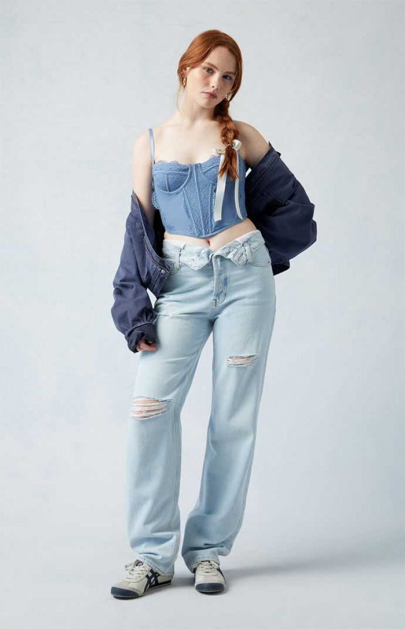 Pantalons PacSun Eco Light Indigo Fold-Over Ripped '90s Boyfriend Femme Indigo | 801234EVF