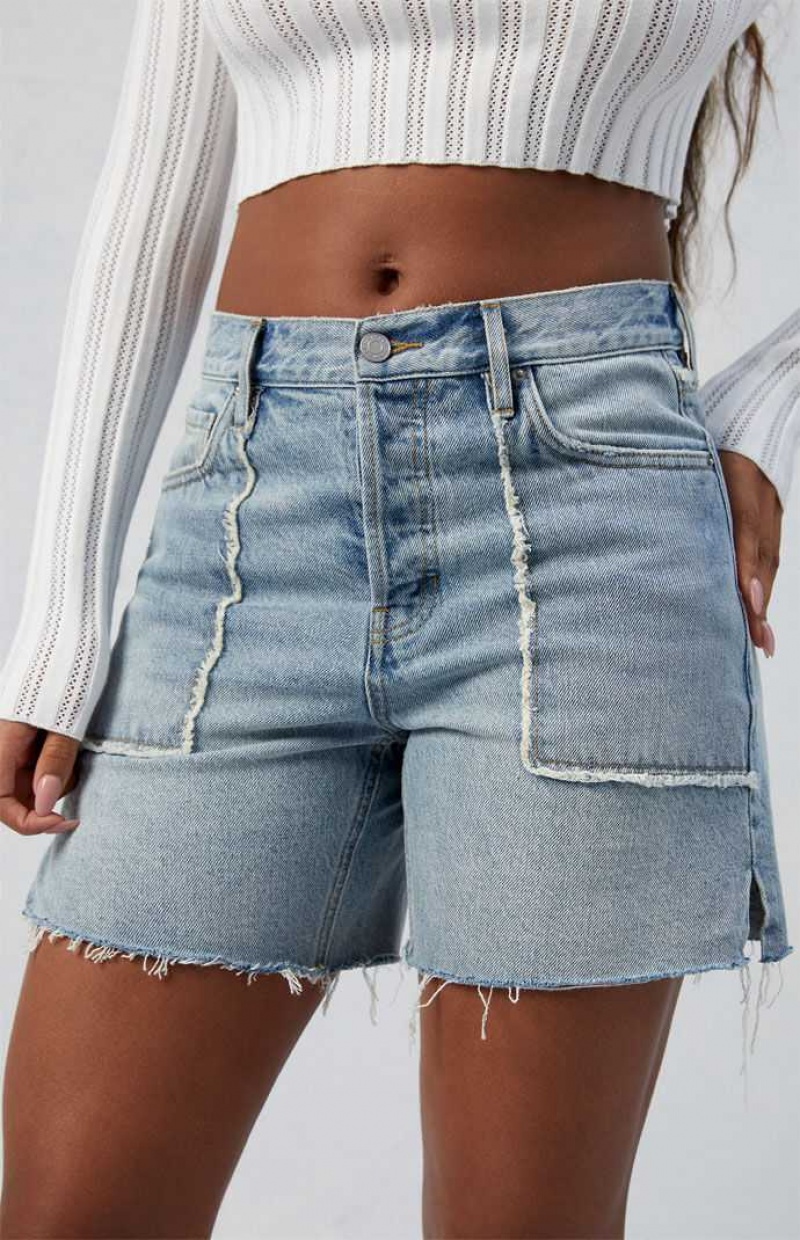 Pantalons PacSun Eco Light Indigo High Waisted Frayed Relaxed Jorts Femme Indigo | 290417SBZ