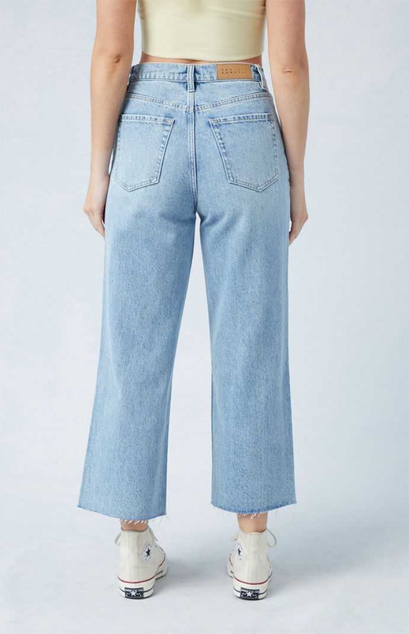 Pantalons PacSun Eco Light Indigo Raw Cut Cropped Larges Leg Femme Indigo | 673092HNA