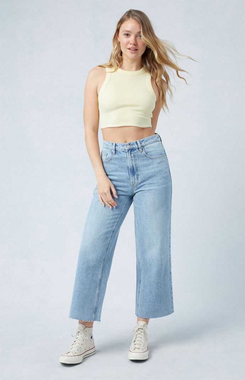 Pantalons PacSun Eco Light Indigo Raw Cut Cropped Larges Leg Femme Indigo | 673092HNA