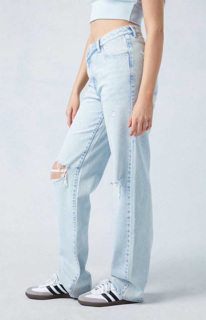 Pantalons PacSun Eco Light Indigo Ripped Asymmetrical Waistband '90s Boyfriend Femme Indigo | 056127PKV