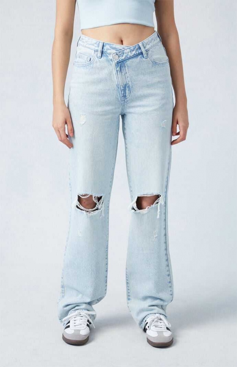 Pantalons PacSun Eco Light Indigo Ripped Asymmetrical Waistband \'90s Boyfriend Femme Indigo | 056127PKV