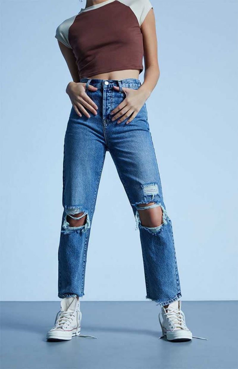 Pantalons PacSun Eco Medium Blue Distressed High Waisted Droit Leg Femme Indigo | 378042TBG